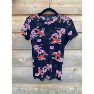Riot Queen pink dragon and floral sheer short sleeve shirt